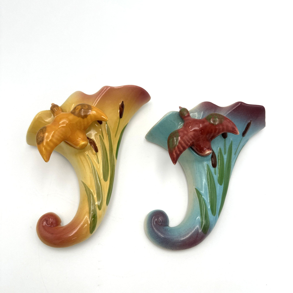 Vintage Blue And Yellow Cornucopia Duck Cattails Wall Pocket Pottery